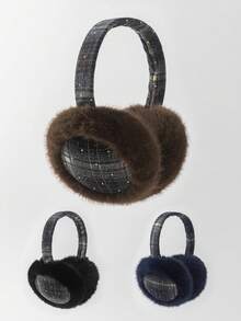 GARASSACC 1pc Women's Plaid Rhinestone Plush Warm Foldable Earmuffs - Multicolor - View 5