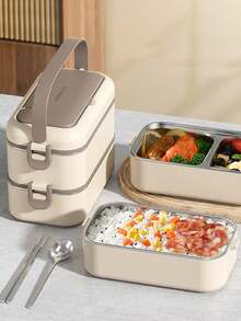 1pc Double Layer Japanese Style Bamboo Wood Tie Lunch Box Sushi Bento Box With Utensils - Multicolor - View 2
