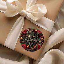 6/30/60 Pcs Circular Stickers With "Merry Christmas" Lettering, Poinsettias And Golden Ornaments, Elegant Holiday Decals For Xmas Celebrations Suitable Gift Boxes Cards Luxury Festive Presents - A - View 1