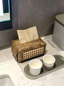 1pc Wood‑Grain Rattan Splicing Tissue Box Cover, Retro PU Leather Rectangular With Hollow Woven Panel & Snap Button, Dust‑Proof Storage Make Up Storage Organiser Desktop Decor, For Living Room Bedroom Hotel Daily Use All‑Season Household Ornament - Multicolor - View 3