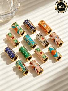 1pc Enamel Evil Eye AMOUR Heart Large Hole Tube Bead, Gold Tone Stainless Steel Hexagon Spacer Bead For DIY Bracelet Necklace Jewelry Making - Oil Droplets - View 6