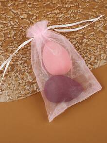 2pcs Water Drop Makeup Sponges Expand When Wet, Non-Absorbent + Convenient Mesh Storage Bag - Multicolor - View 2