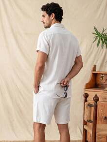 glestore 男士復古風休閒「老錢風」襯衫套裝，採用紋理面料打造，時尚度假穿搭，百搭衣櫥基本款 - 白色 - 查看 2