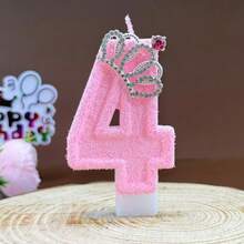 Pink Flock Texture Number Birthday Candle 0‑9, Rhinestone Crown Decor Digital Cake Topper Candle, Cute Princess‑Style Cake Decoration Candle For Girls Birthday Party Baby Shower Birthday Cake Decor Supplies - Multicolor - View 6