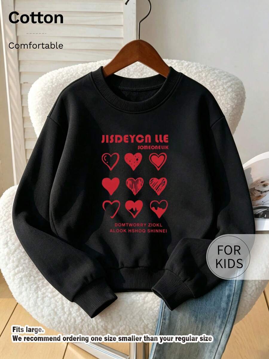 Tween Girl Round Neck Sweatshirt, Multi-Heart Letter Print Pure Cotton Pullover - Black - View 1