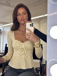 Casual Fashion Polka Dot Square Neck Ruched Tie Front Ruffle Long Sleeve T-Shirt Top, Autumn/Winter New Style, Versatile For Daily Wear - Yellow - View 2