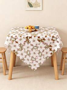1pc Pink/White Floral Embroidered Hollow Tablecloth, Square Decorative Table Cover, Vintage Style Dining Table Home Decor, Suitable For Daily Home Decoration - Pink - View 2