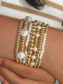 7pcs Fashion CCB Golden Beads Faux Pearl Multilayer Elastic Bracelet Set, Stackable Bracelets For Women, Suitable For Daily, Vacation, Party Jewelry - Multicolor - View 1