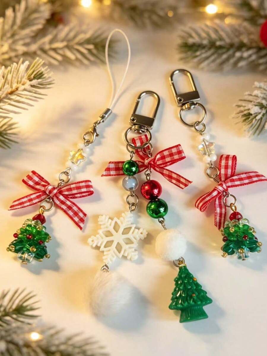 New Christmas Tree Phone Lanyard Crystal Beads Red Plaid Bow Keychain Christmas Gift Bag Charm - Multicolor - View 1
