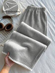 Lurzo Girls' Warm And Soft Solid Color Blended Wool Knitted Wide Leg Pants With Shell Embroidery At The Bottom,Autumn/Winter Outdoor/Back To School/Weekends - Grey - View 1