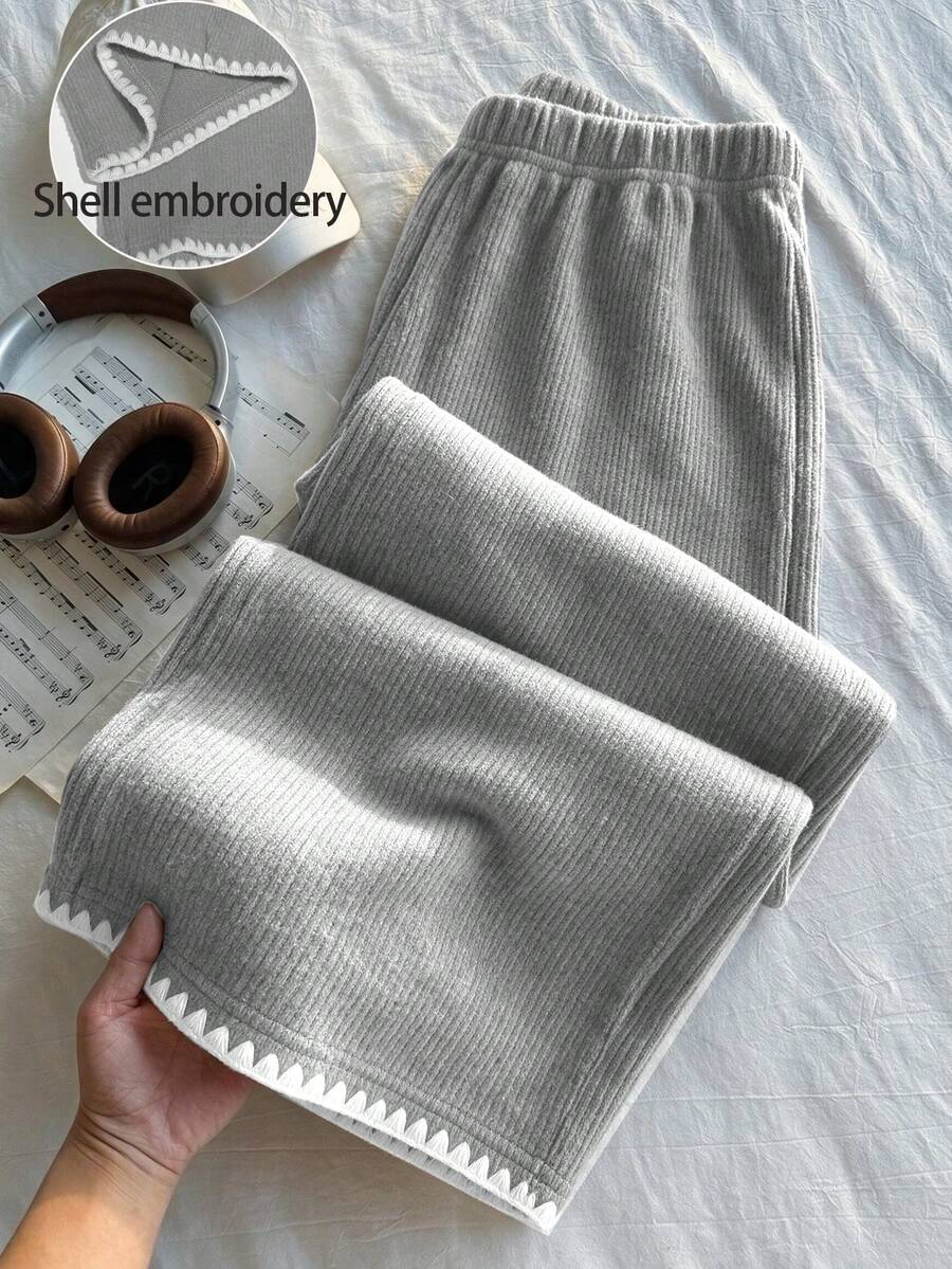 Lurzo Girls' Warm And Soft Solid Color Blended Wool Knitted Wide Leg Pants With Shell Embroidery At The Bottom,Autumn/Winter Outdoor/Back To School/Weekends - Grey - View 1