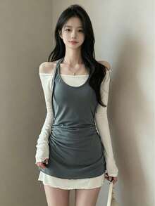 Korean Style Elegant Halter Neck Short Long Sleeve Dress For Women Spring - Grey - View 1