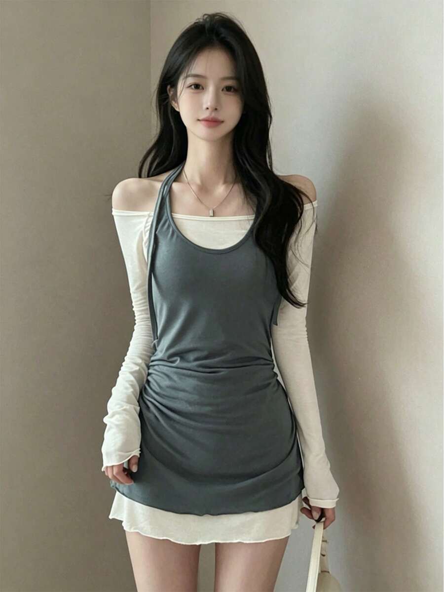 Korean Style Elegant Halter Neck Short Long Sleeve Dress For Women Spring - Grey - View 1