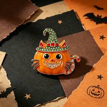 1pc Halloween Pumpkin Cat Brooch With Drip Oil And Rhinestones, Witch Hat Holiday Party Coat Suit Decoration Pin Corsage Gift - Multicolor - View 7