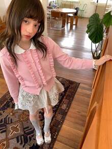 粉色彼得潘領羊毛混紡針織開襟衫，女款秋冬小眾設計短版毛衣外套 - 粉色 - 查看 5