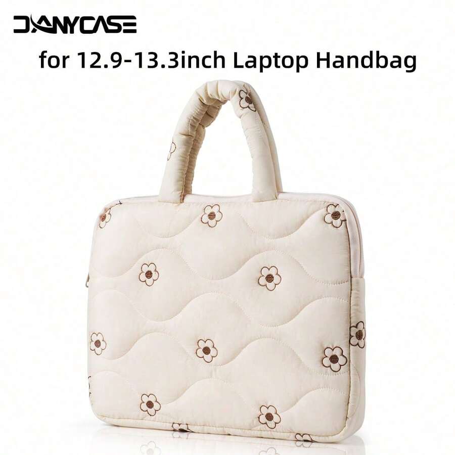 13.3 Inch Laptop Sleeve, Embroidered Floral Design, Compatible With Air Pro 13.3, Pad 10th, Pro 12.9, Air 13, Quilted Tote Bag With Zipper Closure - View 1