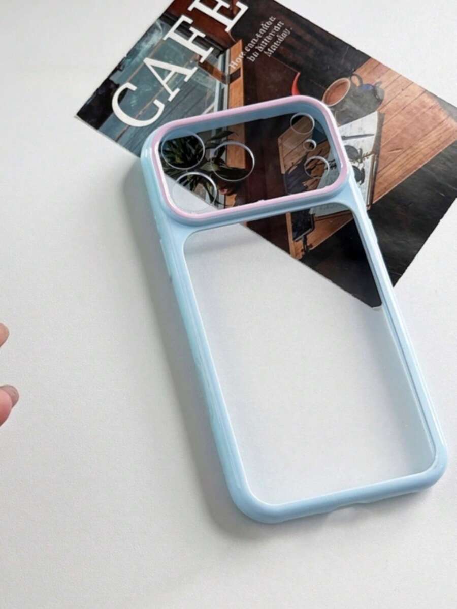 Two-Tone Pastel Blue & Pink Large Camera Window Phone Case, Frosted Clear Transparent Shockproof Soft TPU Protective Cover, Simple Plain Matte Phone Shell Compatible With IPhone14 15 16 17 18Pro Max, Minimalist Sweet Girly Cellphone Accessory - Multicolor - View 1