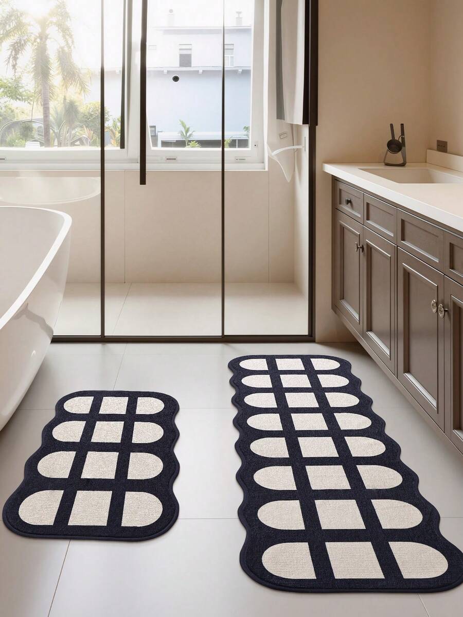 DAJIANG 1pc Vintage Black & Cream Geometric Bathroom Rug, TPR Non-Slip Backing, Suitable For Kitchen, Outdoor, Indoor, Hallway, Bedroom, Living Room, Bedside, Machine Washable & Easy To Clean, Autumn Bathroom Decor Rug