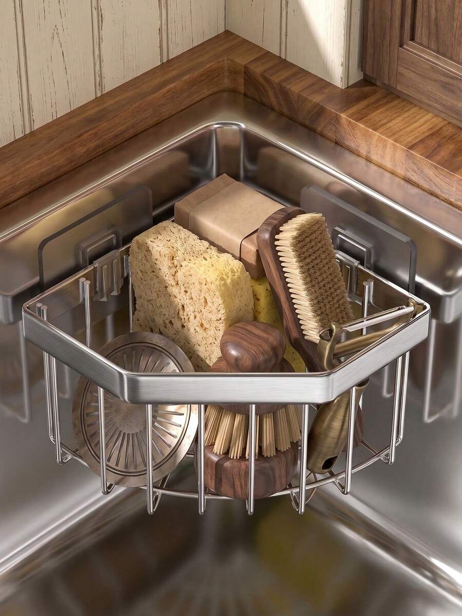 Adhesive Sink Corner Caddy, Wall Mount Kitchen Sink Storage Basket,Drainage Sink Organizer For Sponge,Scrub Brush,Kitchen Sink Accessories,Adhesive Sink Storage,Kitchen Sink Accessories - Multicolor - View 1