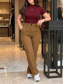 Celana Panjang Lurus Wanita Bahan Polyester, Celana Serbaguna Tidak Melar, Cocok untuk Pemakaian Sehari-hari di Musim Gugur - Coklat - View 3