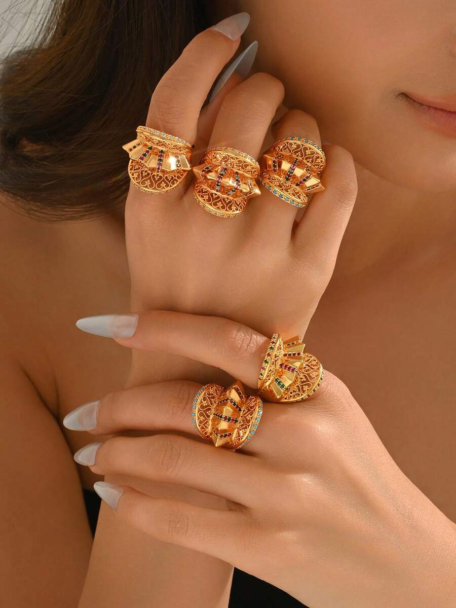 1pc Vintage Fashion Unique Design Hollow Carved Asymmetrical Opening Adjustable Ring, Suitable For Women's Evening Party, Wedding, Celebration, Holiday Gift - Multicolor - View 1