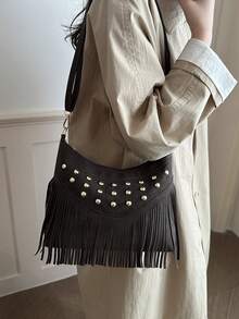 Women's Bohemian Tassel Crossbody Bag, Vintage Rivet Decor Shoulder Bag, Adjustable Strap Casual Daily Handbag, Suitable For Party And Travel - Coffee - View 3