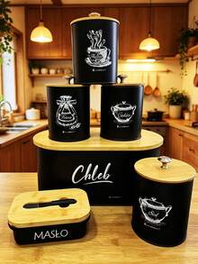 6-Piece Kitchen Storage Set With Bread Box, 3 Canisters, Butter Dish & Bamboo Lids, Modern Countertop Organizer For Bread, Coffee, Tea, Sugar & More - Black - View 4