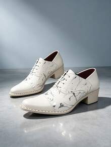 QRLQRL Men's Patchwork Lace-Up Dress Shoes With Artistic Textured Upper And Square Chunky Heel, Suitable For Spring/Autumn, Business Occasions, Gatherings And Short Trips - White - View 1