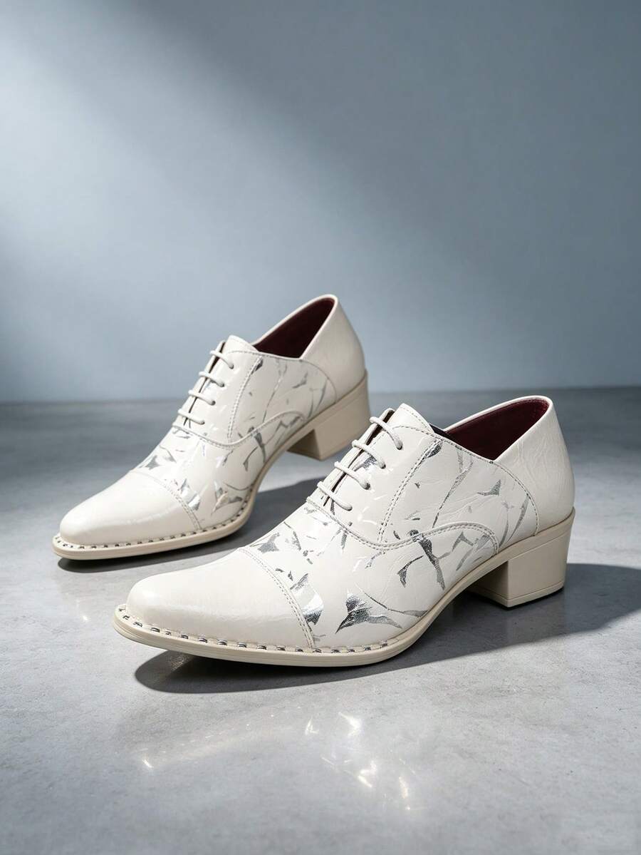 QRLQRL Men's Patchwork Lace-Up Dress Shoes With Artistic Textured Upper And Square Chunky Heel, Suitable For Spring/Autumn, Business Occasions, Gatherings And Short Trips - White - View 1