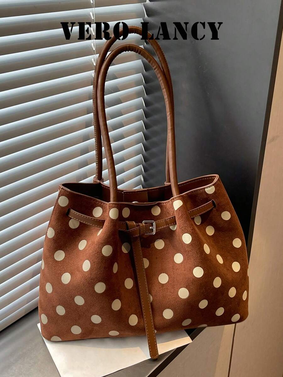 Vintage Artistic Style Elegant Classic Polka Dot Tote Bag, Buckle And Large Capacity Design, Suitable For Friends Gathering, Dating, Commuting