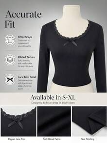 2pcs/Pack Women's Ribbed Knit Long Sleeve Tops, Slim Fit Crew Neck Shirts With Lace Trim And Bow Detail, Black & White Basic T-Shirts - Multicolor - View 5
