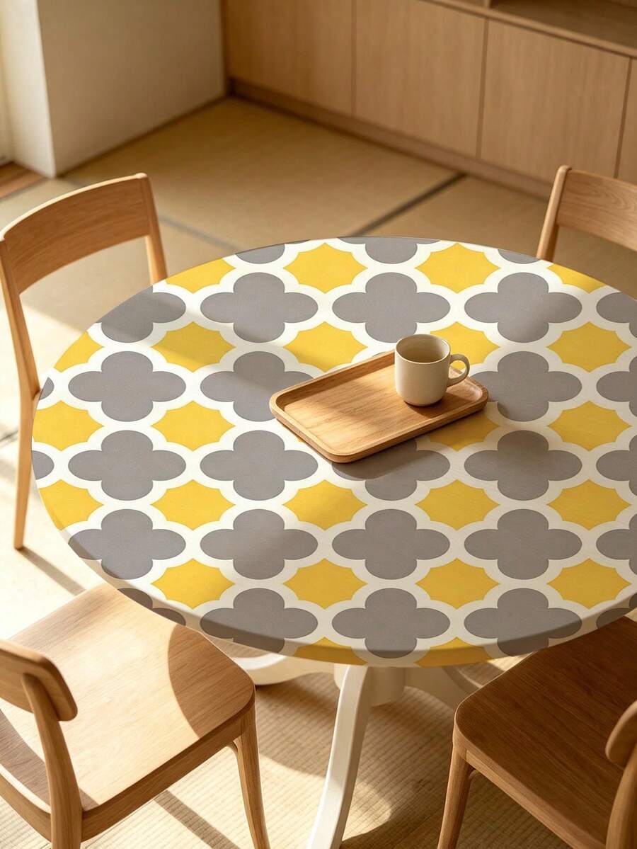 1pc Geometric Minimalist Round Tablecloth, Elastic Edge, Soft & Wrinkle-Resistant, Waterproof, Oil-Proof, Scratch-Resistant, Suitable For Round Dining Table, Outdoor Restaurant Decor & Outdoor Party, Kitchen, Baking, Outdoor Decor, Outdoor Patio, Breakfast, Brunch & Party Decor - Multicolor - View 1