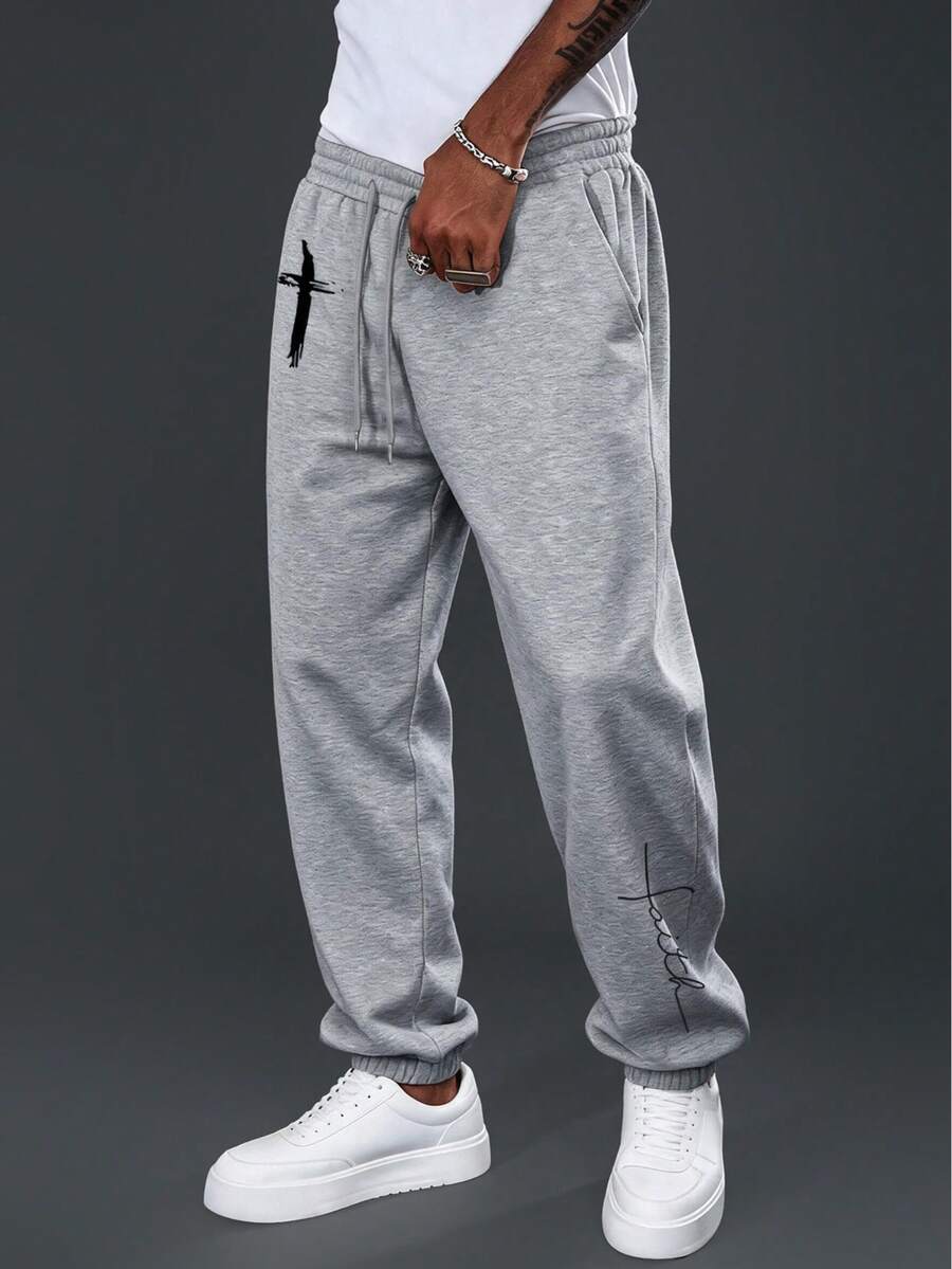 Camvyn Men's Casual Cross Print Loose Fit Long Pants, Sporty Style For Summer - Grey - View 1