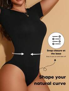 Women's Solid Color Short Sleeve Fitted Bodysuit Black Summer Elegant - Black - View 4