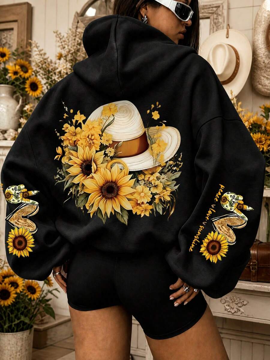 Moletom com Estampa de Letra de Girassol, Moletom Casual de Manga Longa com Capuz e Bolso para Mulheres Plus Size, Preto, Outono/Inverno, Férias - Preto - Visão 1