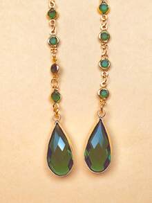 1pc Green Crystal Waterdrop Pendant Tassel Face Chain, Minimalist Design Facial Accessory For Women - Gold - View 5