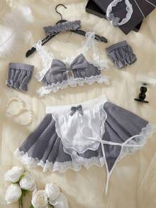 1 Set Sexy Lace Maid Apron Uniform Costume, Bar Party Outfit - Light Grey - View 1