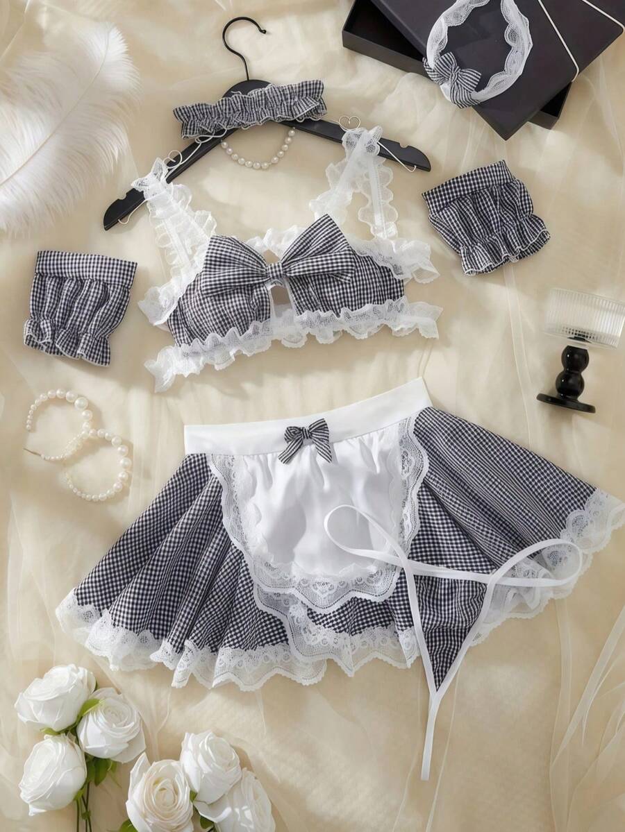 1 Set Sexy Lace Maid Apron Uniform Costume, Bar Party Outfit - Light Grey - View 1