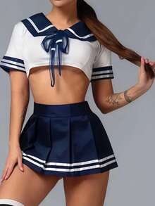 3pcs JK Sailor Cosplay Costume Set, Shawl + Bow Front Sailor Collar Crop Top + Pleated Mini Skirt Uniform Outfit, College Party Costume - Blue and White - View 5