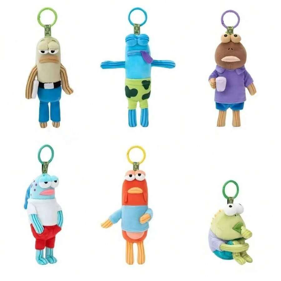 SpongeBob SquarePants Bikini Sea Wall Resident Fish Plush Keychain, 6 Styles Cute Ugly Cartoon Fish Plush Doll Pendant, Backpack Bag Charm, Children And Fan Collection Gift