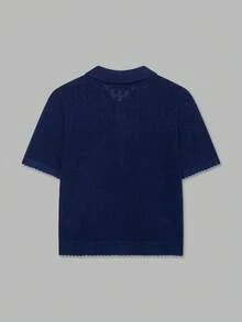ACKCER Women's Autumn/Winter Navy Blue Colorblock Horizontal Striped Half-Open Single-Breasted Short Sleeve Knit Top - Navy Blue - View 5