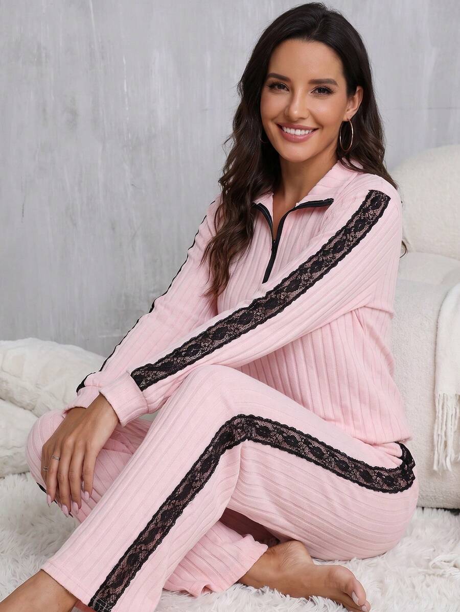 Women's Spring Autumn Winter Pajama Set, Contrast Color Ribbed Knit Fashion Lace Trim Minimalist Half-Zip Lapel Pullover Long Sleeve Casual Pants Comfortable Loungewear 2-Piece Set - Pink - View 1