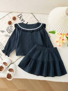 Conjunto de blusa de manga larga con cuello Peter Pan con volantes y falda azul de estilo preppy lindo para niña bebé en otoño/invierno para salidas y fiestas - Azul - Ver 3