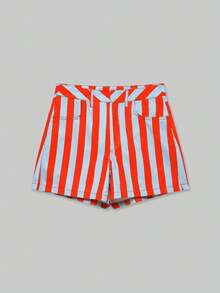 YROOE Women's Red & Blue Vertical Striped Zipper Pocket Casual Shorts, Autumn/Winter - Multicolor - View 1