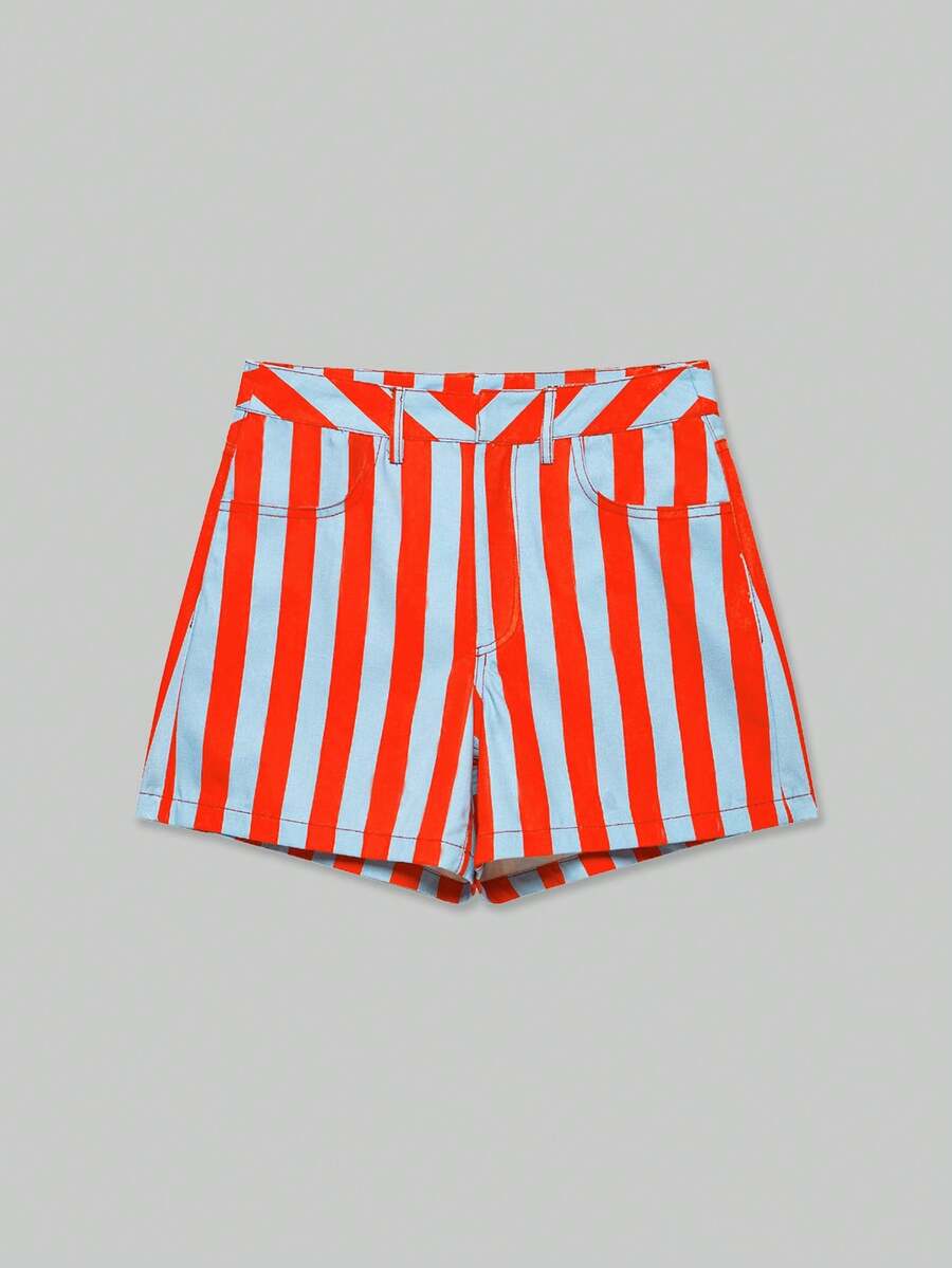 YROOE Women's Red & Blue Vertical Striped Zipper Pocket Casual Shorts, Autumn/Winter - Multicolor - View 1