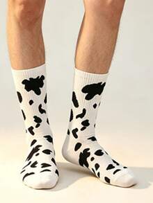 3/5/10 Pairs Men's Cow Print Mid-Calf Socks, Black And White Spotted Socks, Soft Breathable Casual Street Style Mid-Calf Socks - Black and White - View 5