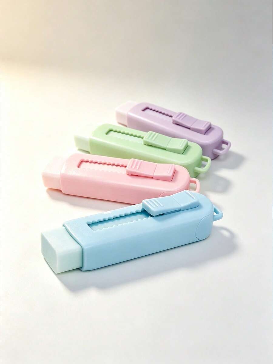 4pcs Vibrant Macarone Color Push-Pull Eraser Durable Rectangular Shape And Easy Sliding Mechanism, Perfect For Learning Office Stationery, Suitable For Learning Office Supplies, Multiple Colors - Multicolor - View 1