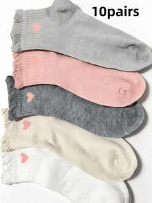 1/3/5/10 Pairs Women's Cute Sweet Breathable Short Socks, Heart Pattern Ruffle Edge Student Socks, Suitable For Daily Casual Wear - Multicolor - View 8