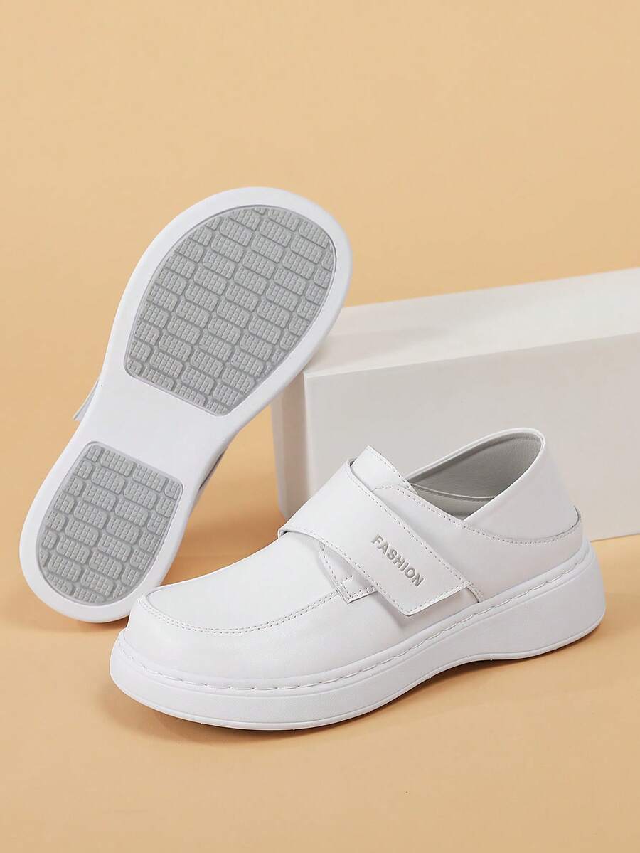 Women Thick-Sole Solid Color Leather Shoes, Fashion School Style Lace-Up Loafers, Comfy Light-Weight Shoes