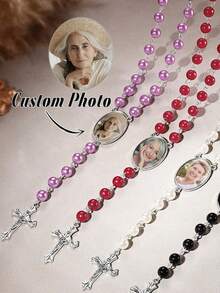 Personalized Beaded Cross Necklace With Custom Photo Inlay, Family Jewelry, Picture Necklace, Memorial Keepsake - Multicolor - View 1